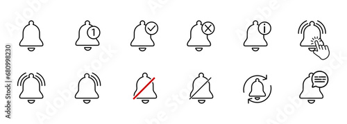 Notified bells linear icons set. Reminder or alarm message with or without sound. Smartphone interface element. EPS 10