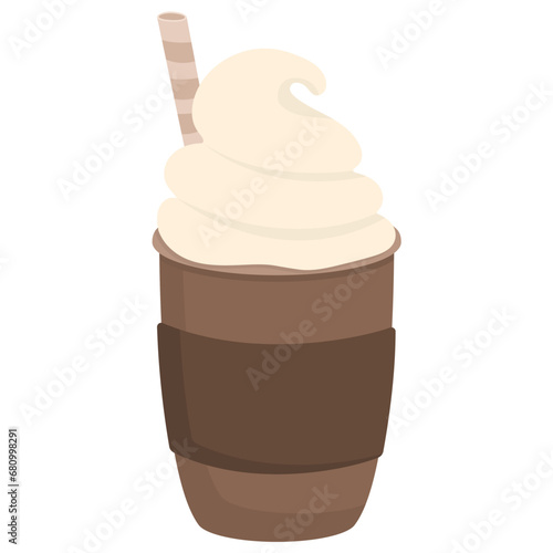 Coffee drink to go with whipped cream and cocktail straw isolated on white background