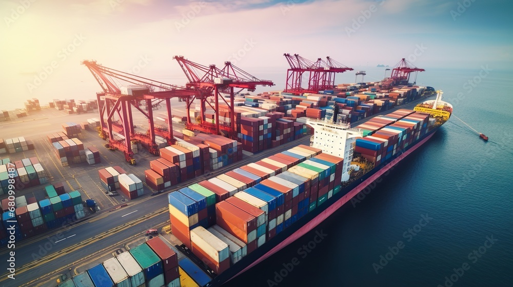 Container ship carrying container boxes import export dock with quay crane. Business commercial trade global cargo freight shipping logistic and transportation worldwide - obrazy, fototapety, plakaty 