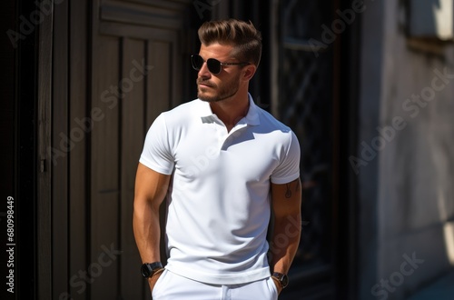 A Stylish Man in a Crisp White Polo Shirt and Shorts