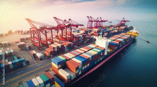 Container ship carrying container boxes import export dock with quay crane. Business commercial trade global cargo freight shipping logistic and transportation worldwide