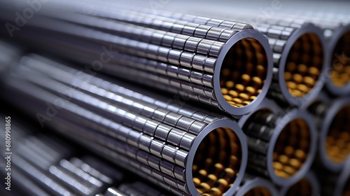 Steel tubing stored in a factory warehouse. photo