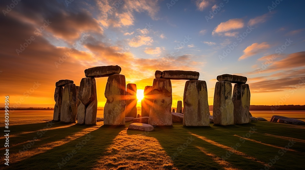 Stonehenge at sunset made with Ai generative technology, property is fictional - obrazy, fototapety, plakaty 