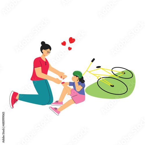 vector illustration of girl fell off the bikes mom helping her daughter after falling off bicyle