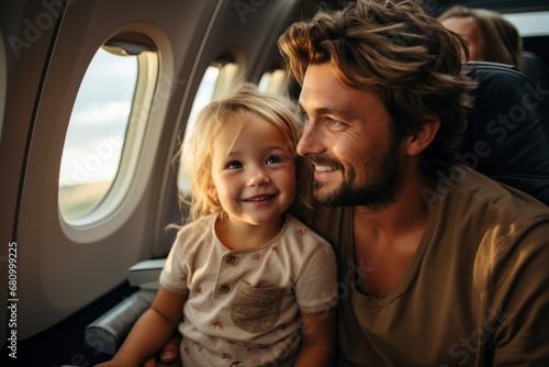 Caucasian family of father and cute little daughter sits in an airplane seats
