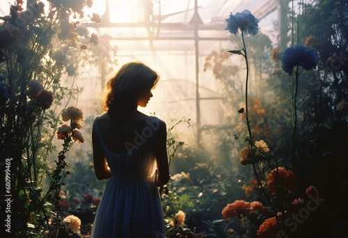 Back side shot back silhouette of a woman standing in greenhouse, flowers foreground sun beams shining overexposure, vibrant, pastel, mist, light-pink and light-yellow and dark-blue 