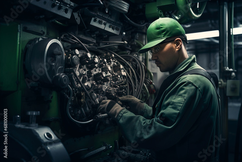 Generative AI illustration of technician in a green cap and uniform works on intricate machinery parts in the engine room of a cargo ship