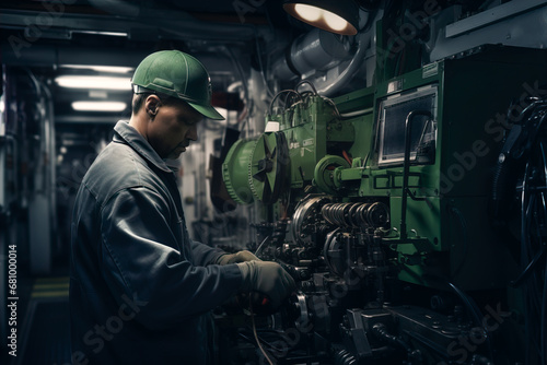 Generative AI illustration of technician in a green cap and uniform works on intricate machinery parts in the engine room of a cargo ship