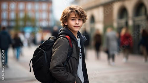 stylish school boy with backpack
