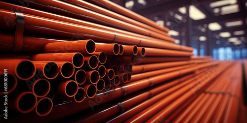 Industrial warehouse storing an array of steel pipes. photo
