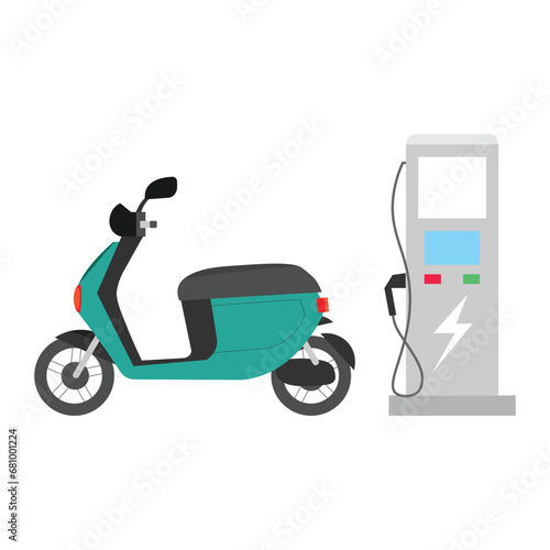 Electric vehicle charging station. Electric scooter are charging in the station.