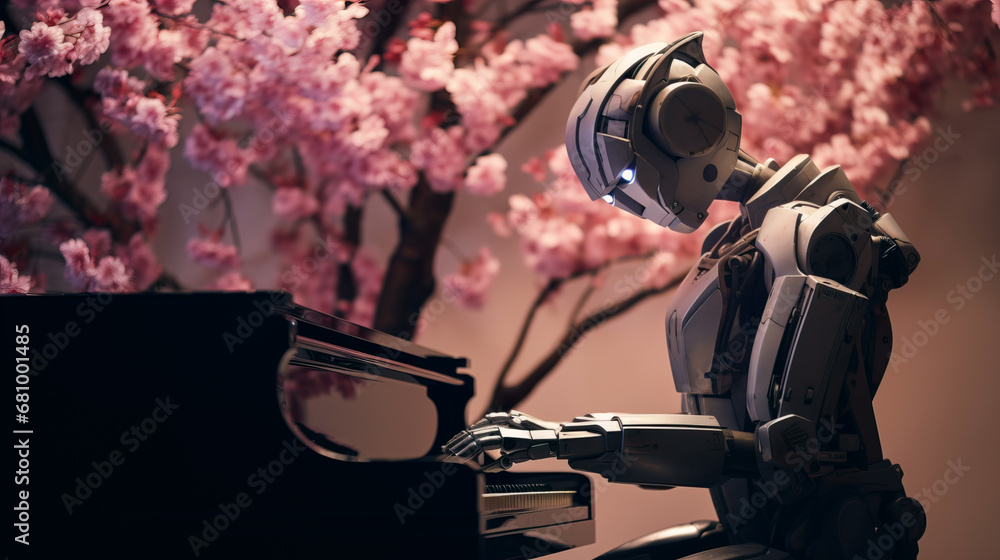 Generative AI of Robot playing piano under cherry blossom trees