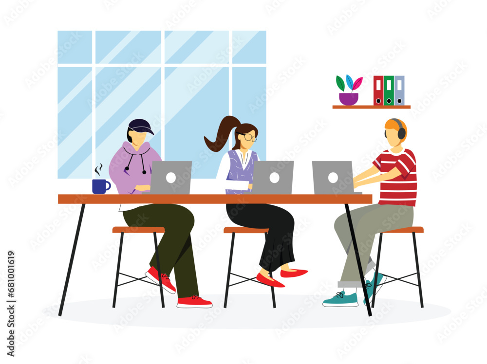 young people man and woman working on laptop at coworking space concept flat illustration
