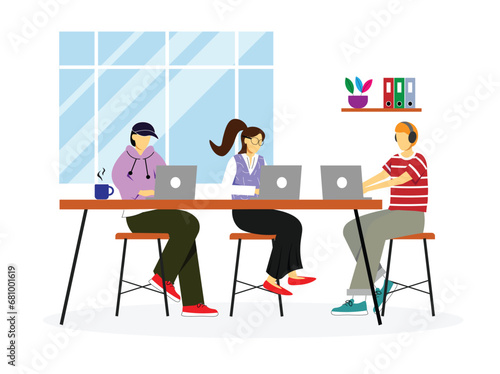 young people man and woman working on laptop at coworking space concept flat illustration