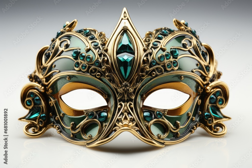 Green Mardi Gras carnival mask with gold pattern on white background Green Mardi Gras carnival mask with gold pattern on white background