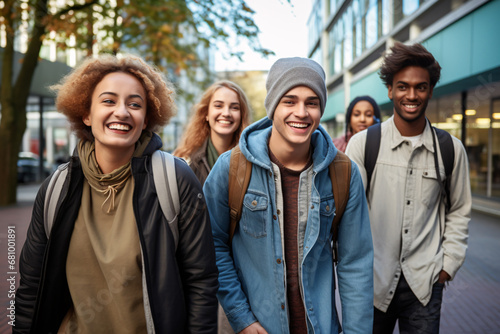 Diverse group of college students walking and having fun on university street, in the style of culturally diverse elements, modern urban, human-canvas integration