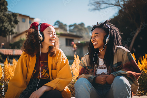 Two college students in playful color jacket listening to headphone talking and sharing in garden outdoor, lo-fi aesthetics, human canvas integration, everyday life