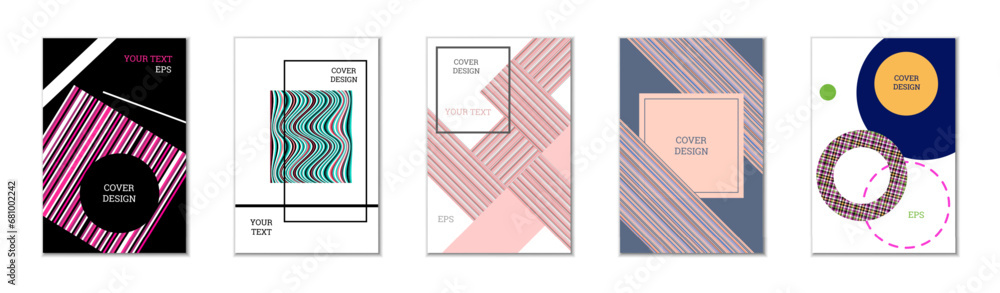 Geometric cover design, set of 5 covers. Abstract unusual background in Memphis style. Bright geometric shapes in random order Geometric cover design, set of 5 covers. Abstract unusual background in Memphis style. Bright geometric shapes in random order