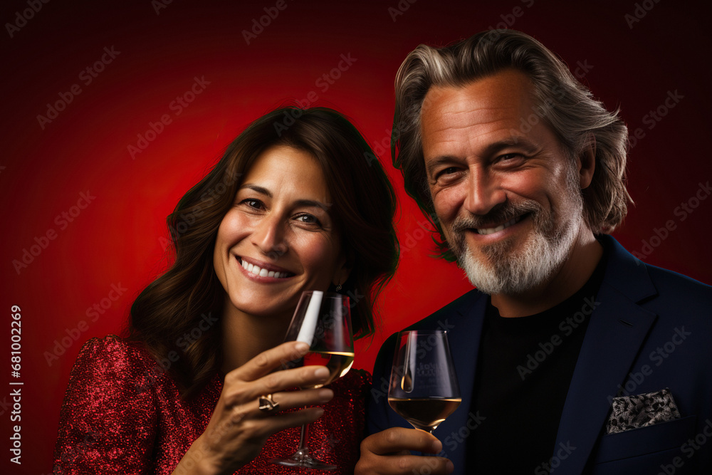 Attractive lovely couple celebrating St. Valentines Day with a glass of wine in hands