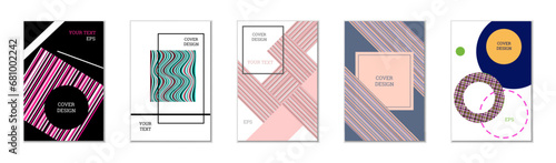 Geometric cover design, set of 5 covers. Abstract unusual background in Memphis style. Bright geometric shapes in random order