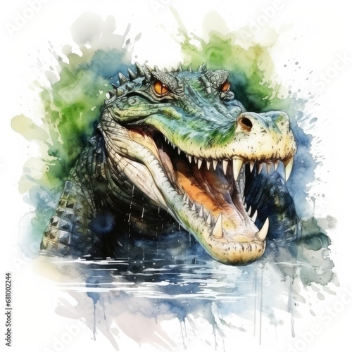 A Majestic Crocodile in Vivid Watercolors, Ready to Snap © pham