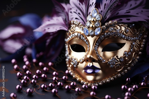 Elegant gold venetian Mardi Gras mask on lilac background