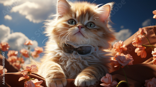 cute cat summer. charming cat with beautiful flowers. generative ai