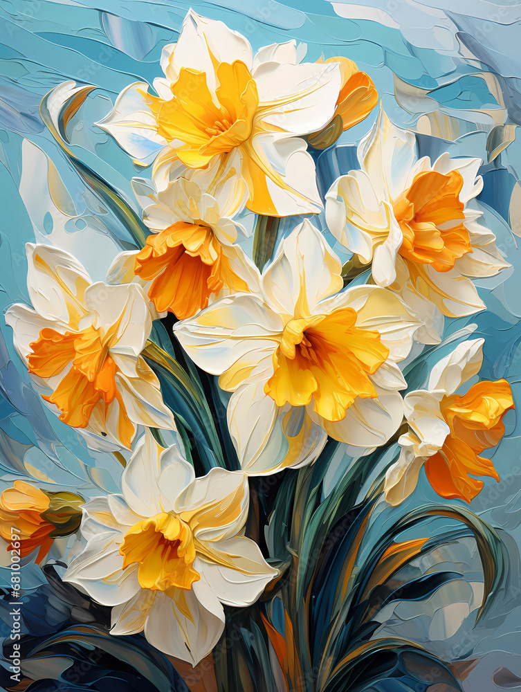 Obraz premium A Painting Of Flowers On A Blue Background - Yellow daffodil flowers in spring