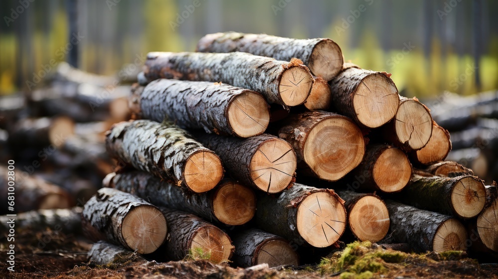 Stacked logs, wooden pine trunks in the timber industry.