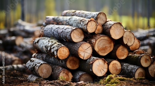 Stacked logs  wooden pine trunks in the timber industry.