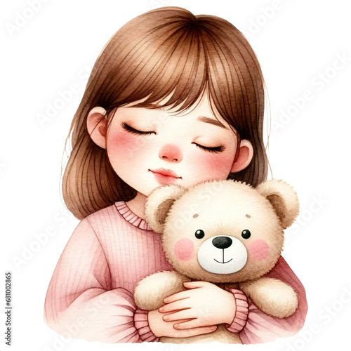 Watercolor Cute Girl Hugging a Teddy Bear