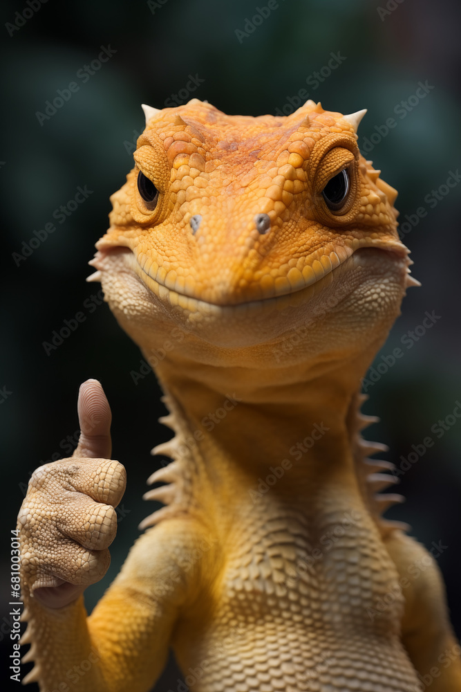 yellow lizard doing thumbs up sign smiling to camera with attitude yellow lizard doing thumbs up sign smiling to camera with attitude