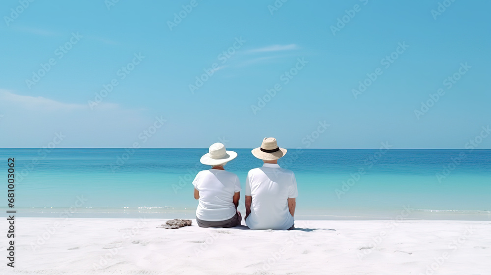 An elderly couple sitting on the sandy beach, enjoying retirement and pension, with blue sky and sea in the background. Wallpaper for a travel agency for old people