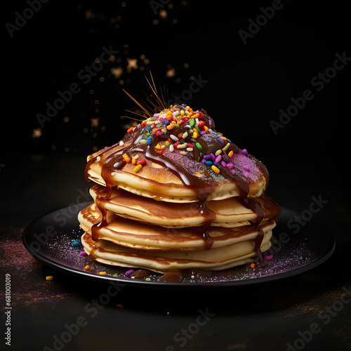 Studio close-up shot of pancakes on plate with syrup, chocolate and sprinkles, isolated on modern dark background in celebration of Shrove Tuesday, Pancake Day, Mardi Gras