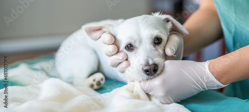 Vet examining dog inspecting health, injured pet, veterinary clinic, Pet on a Check Up Visit in Modern Veterinary Clinic Caring Doctor, Animal Clinic, Pet check up and vaccination