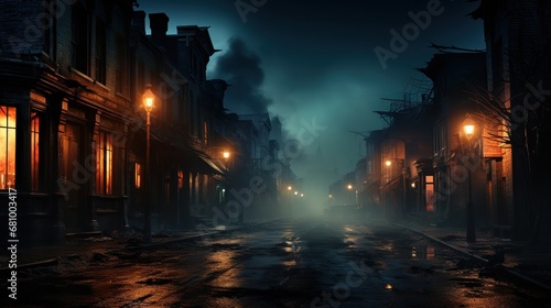 Desolate  dark street shrouded in smoke.