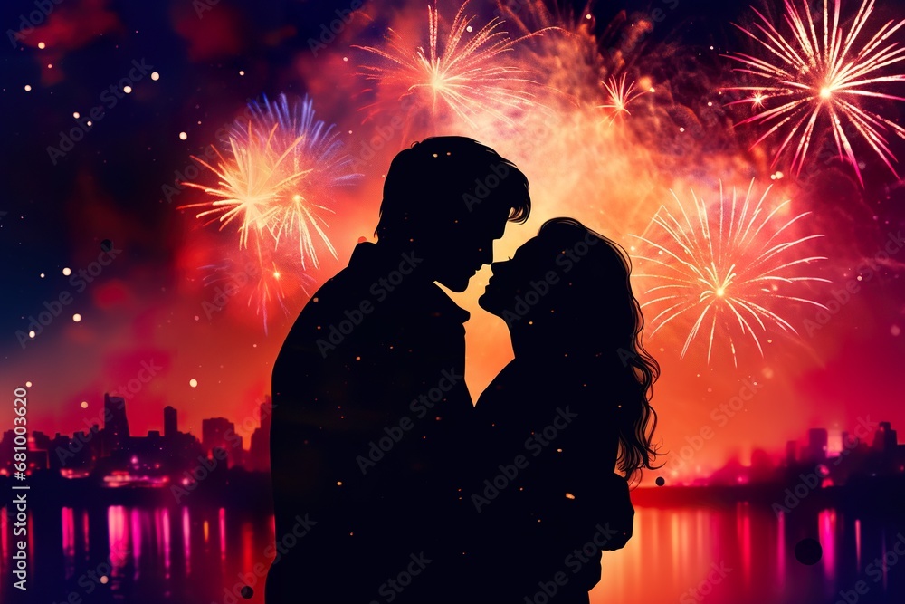 silhouette Couple in love hugging and kissing each other with fireworks on the background