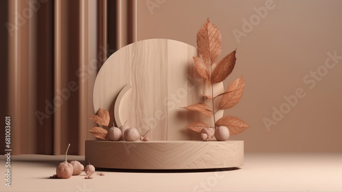 Minimal modern wooden podium on table counter, leaf shadow on beige wall background - Generative AI