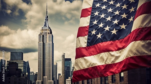 Midtown Manhattan skyline with rippled American flag