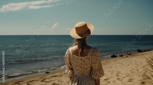 A young girl in a hat and white dress on the beach in the background of the ocean. Thailand, Bamboo Island - Generative AI