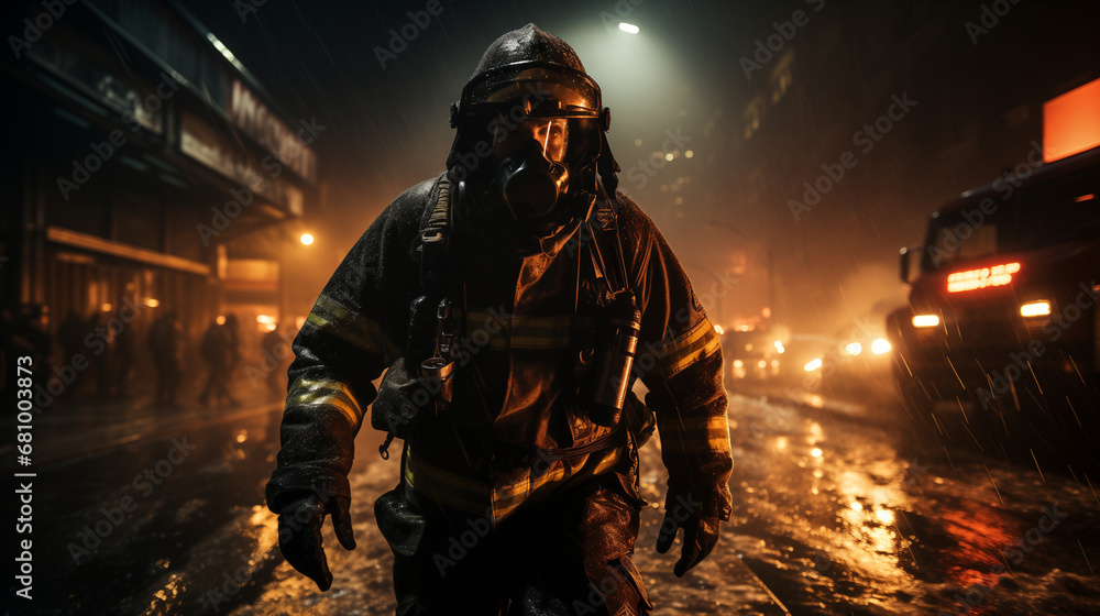 Fototapeta premium Vigile del fuoco cammina durante un'intervento per spegnere il fuoco in un ambiente urbano di notte con fumo e pioggia