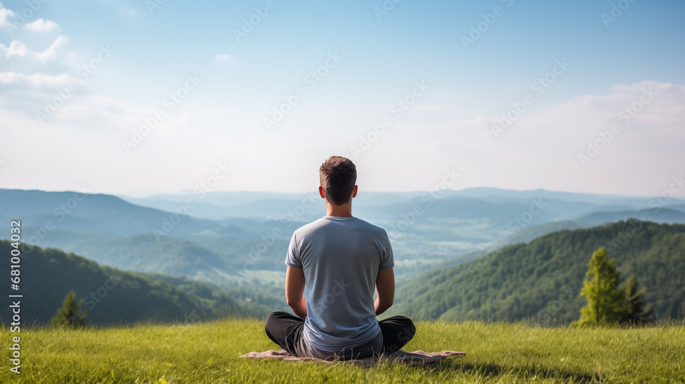 person meditating in the mountains