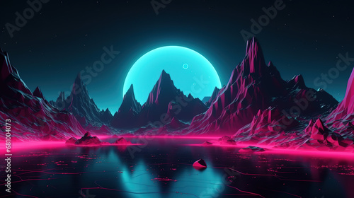 Futuristic landscape with neon lights, mountains, and a neon moon Generative AI