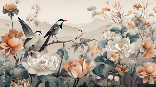 Chinoiserie parrot with a palm tree in a tropical setting in classic painting style - Generative AI