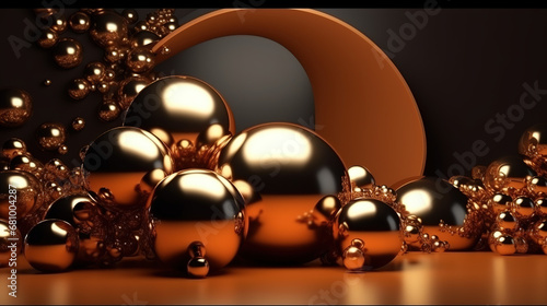 Abstract background with many golden geometric figures, circles, and spirals Generative AI