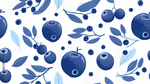 Minimalistischer Risograph-Druck mit Blaubeeren in verschiedenen Blautönen, nahtloses Muster