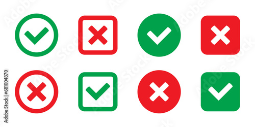 Green tick and red cross checkmarks flat icons. Yes or no symbol, approved or rejected icon for user interface.