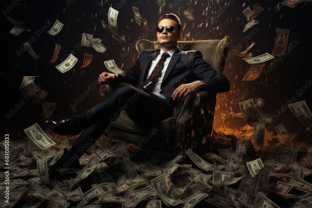 The Wealthy Contemplation: A Man Surrounded by Cash and Deep in Thought