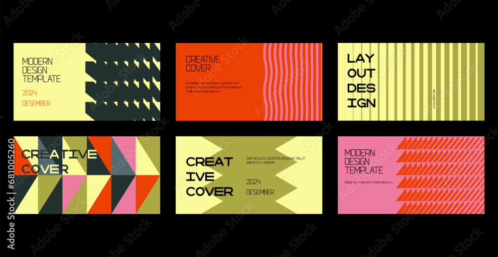 Creative covers or horizontal posters in trendy minimal style for corporate identity, branding, social media advertising, promo. Modern layout design template with dynamic geometric shapes.