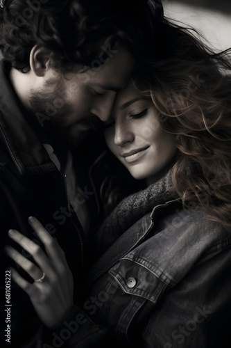 Black and white portrait of a couple. Close up